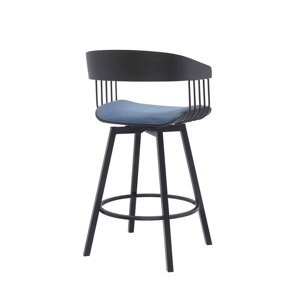 Armen Living Indoor Athena 27" Swivel Black Wood Counter Stool in Blue Fabric with Black Metal