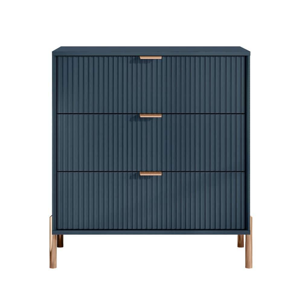 Festivo 3 Drawer Nightstand Navy: Scandinavian Modern Style, MDF Construction, Storage Solution with Anti-Tip Hardware
