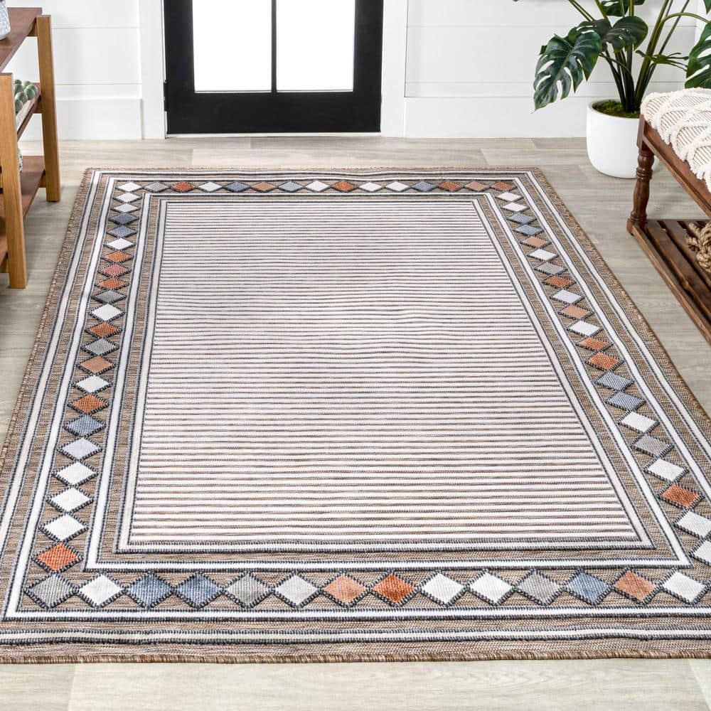 JONATHAN Y Sebastian High-Low Modern Diamond Border Brown/Ivory 3 ft. x 5 ft. Indoor/Outdoor Area Rug