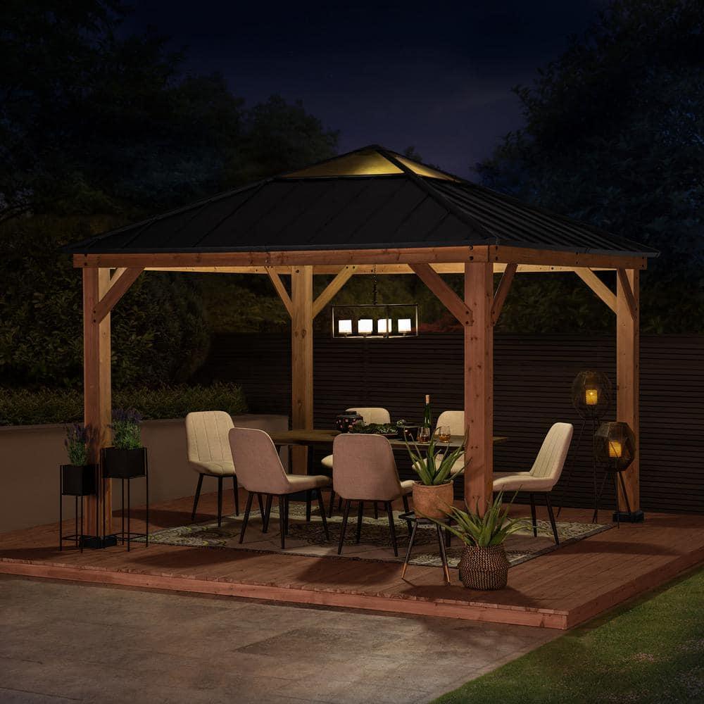 Sunjoy Paula Outdoor Patio 11 ft. x 11 ft. Cedar Framed Gazebo with Black Steel and Polycarbonate Hip Roof Hardtop