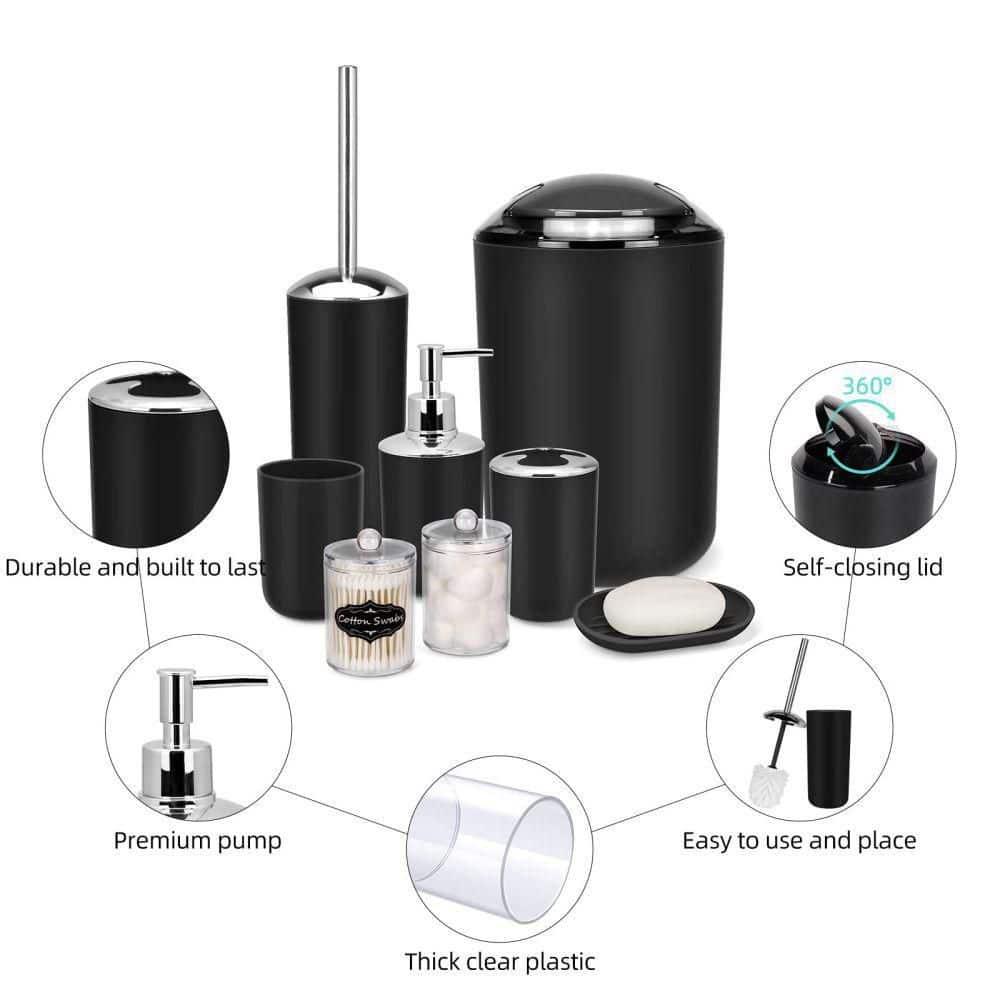 IMAVO Bathroom Accessories Set,Black Bathroom Set,9 Pieces Bathroom Accessory Set,Tray,Qtip Holders,Toilet Brush,Trash Can for Bathroom Décor and Home Gifts