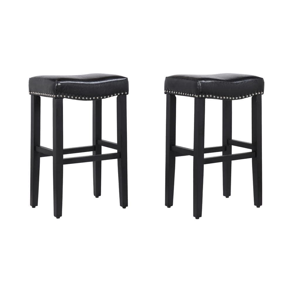 Westin Outdoor Yazan 29" Upholstered Counter Stool with Nail Head Trim (Set of 2), Black/Leather