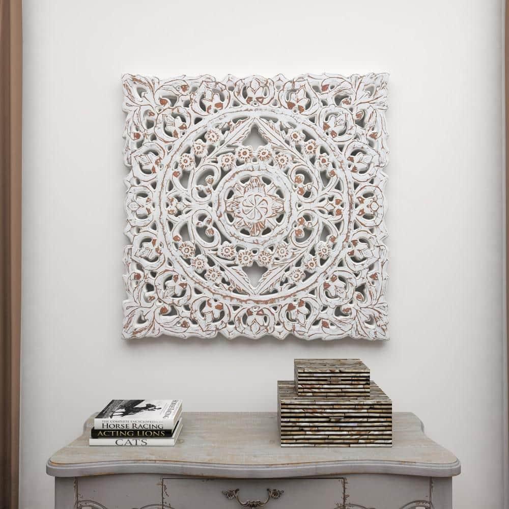 DecMode Traditional Wood Square White Handmade Wall Décor with Carved Mandala Design, 36"W x 36"H