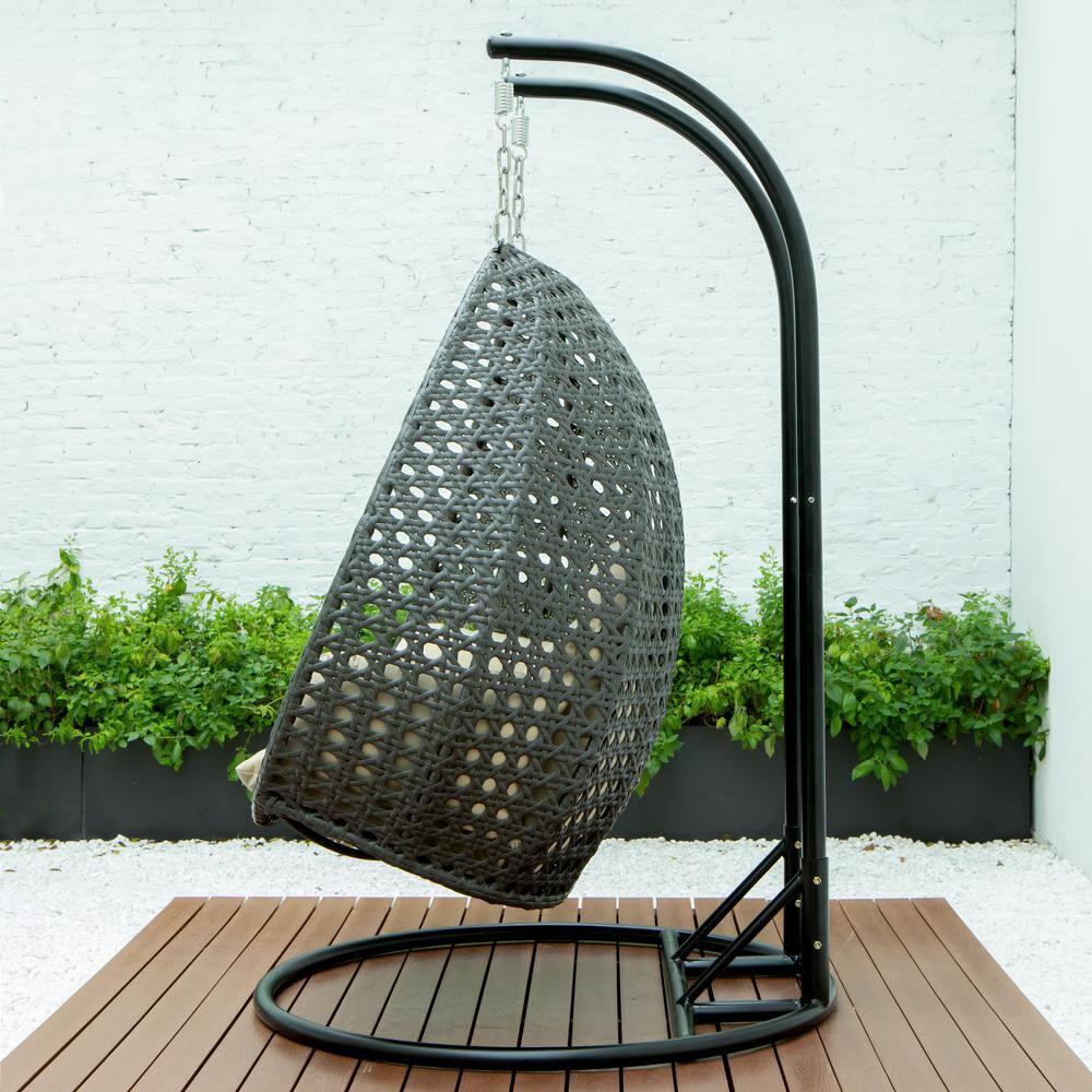 LeisureMod Charcoal Rattan Wicker Double 2 Person Egg Swing Chair with Stand, Taupe Cushion