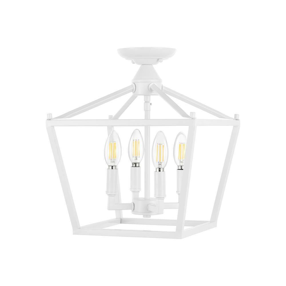 Plains Mini Lantern 12 in. 4-Light Iron Modern Farmhouse LED Flush Mount, White