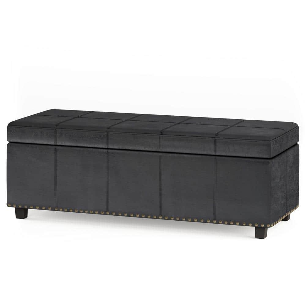 Simpli Home Kingsley 48"W Upholstered Storage Ottoman with Lift-Top Lid, Nailhead Trim, and Stitching Detail