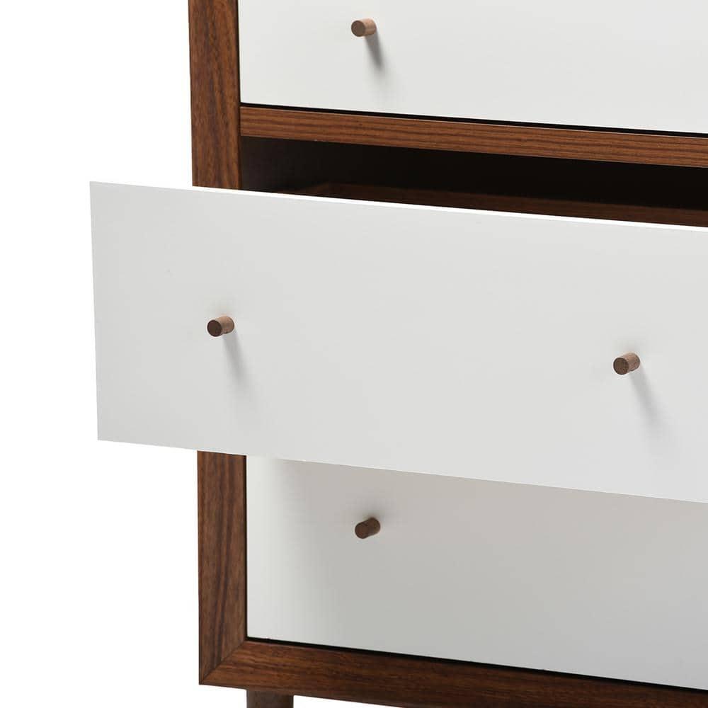 Baxton Studio Harlow Mid-Century Modern Scandinavian Style Wood 3 Drawer Chest White/Walnut : Rubberwood Frame, Spot Clean