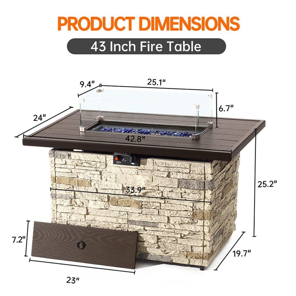 43" Propane Fire Pit Table Outdoor Stone Firepit Table Rectangular 50000 BTU Propane Fire Tables for Outside Patio with Wind Guard, Table Lid, Fire Beads, Cover,Pizzello Caldo (Buff)