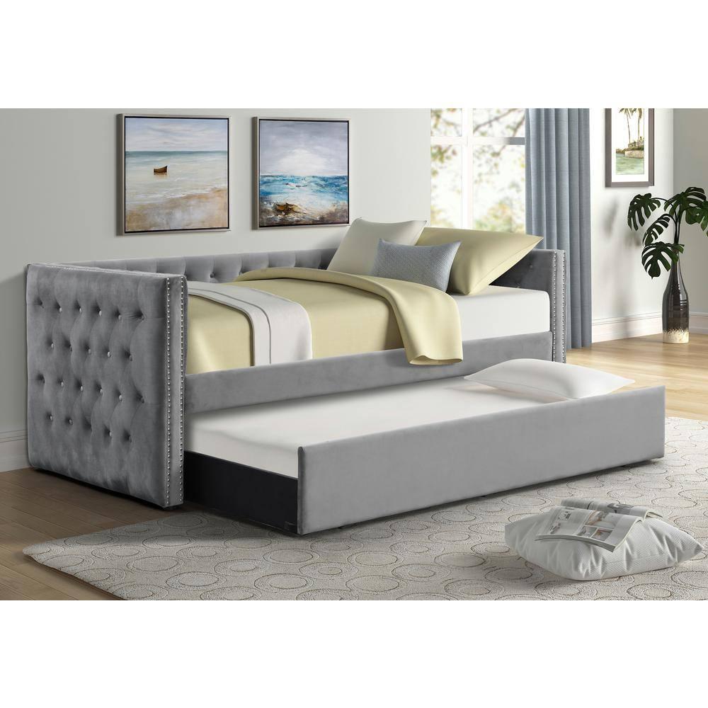 Best Master Furniture Nikora 86" Tufted Fabric Daybed with Trundle in Gray