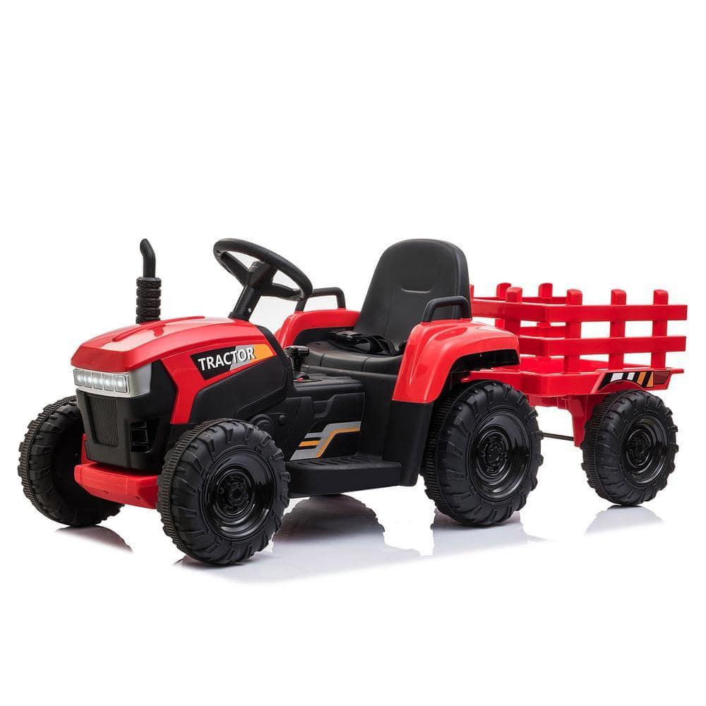 12V Kids Ride On Tractor with Trailer, Battery Powered Electric Car with Music, USB, Music, LED Lights