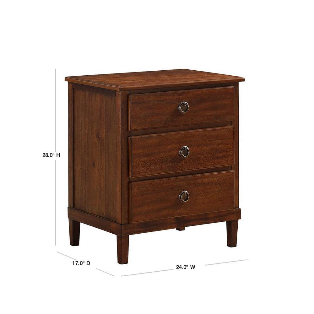 Comfort Pointe Cambridge Nightstand Brown: Elegant 3-Drawer Storage, Metal Hardware, No Assembly Required