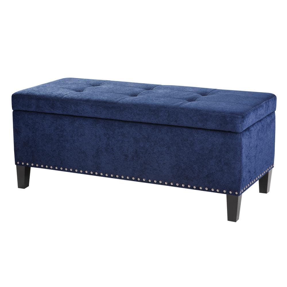 18" Shandra Bench Storage Ottoman with Tufted Top Blue - Home: Faux Leather, Rectangular, Wood Legs, Polyester Upholstered