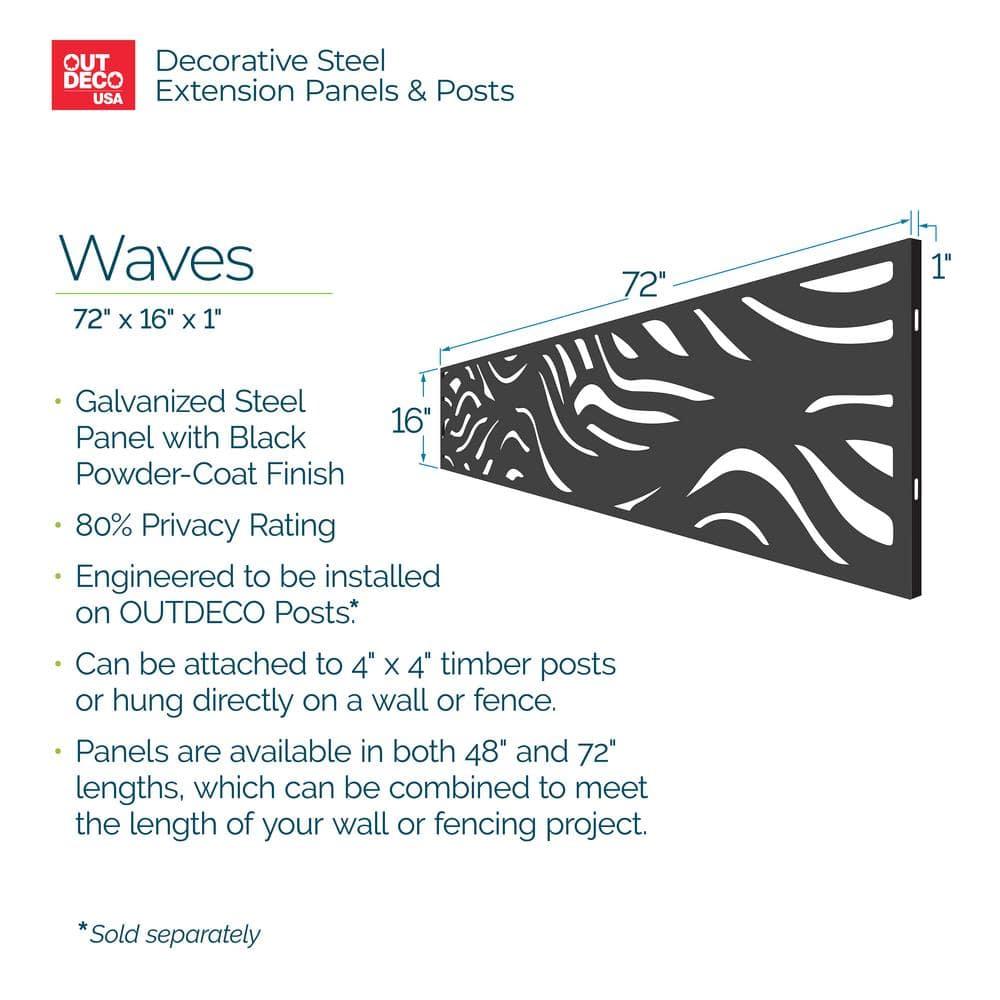 OUTDECO 16"x72" Waves Galvanized Steel Wall and Fence Extension Privacy Panel, Black