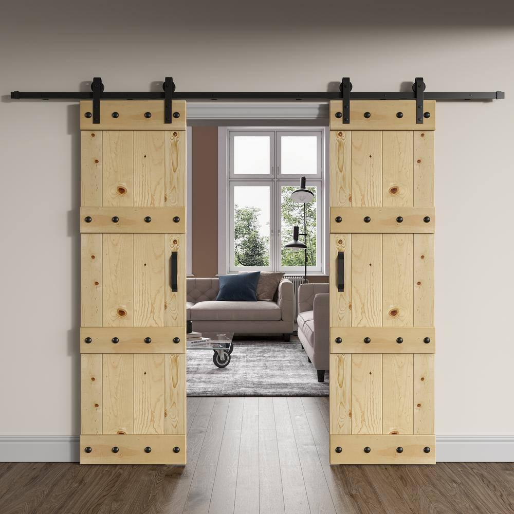 Castle Series Pine Wood Double Sliding Barn Door with Hardware Kit