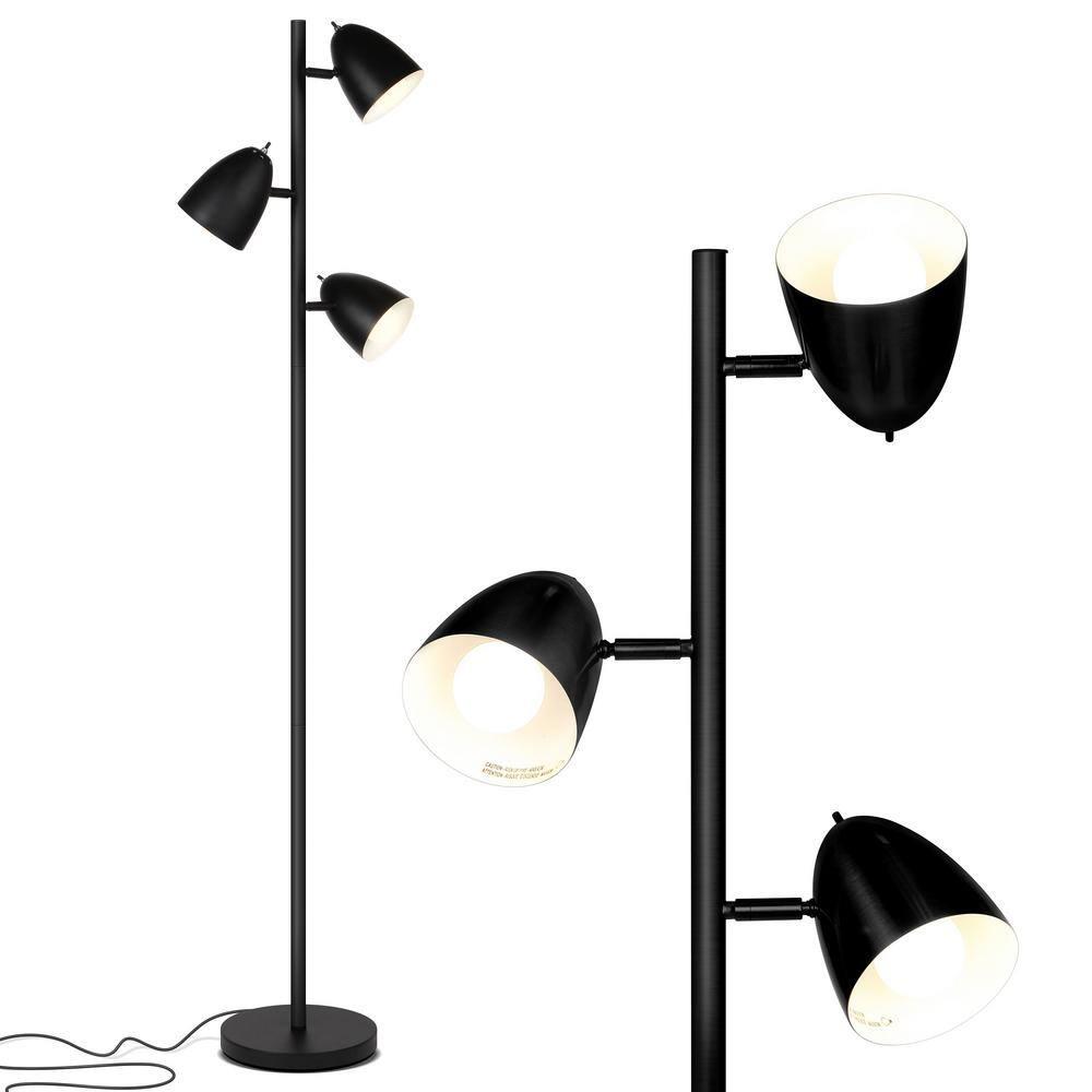 Brightech Jacob 64" Modern 3-Light Adjustable LED Floor Lamp with Black Finish and Metal Cone Shades, Bulbs Included