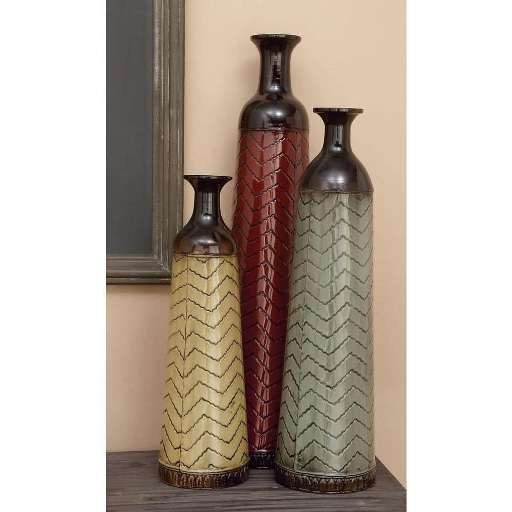 DecMode 32", 27", 22"H Tall Enameled Bottleneck Floor Multi Colored Metal Vase with Chevron Pattern, Set of 3