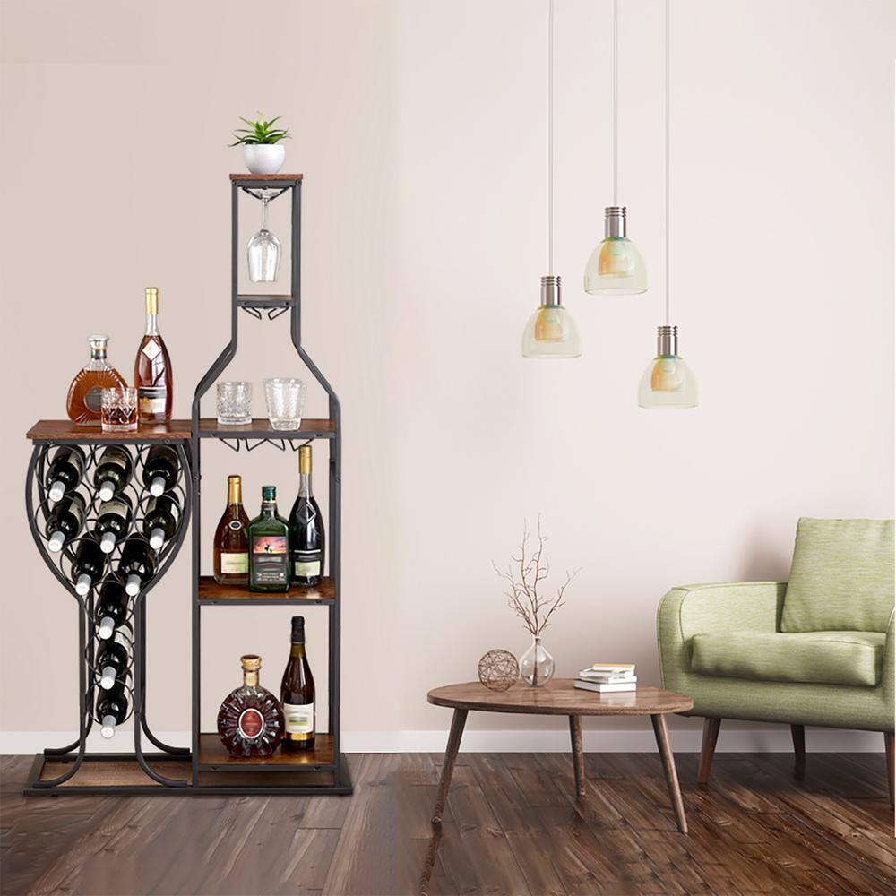 11 Bottle Wine Bakers Rack, 5 Tier Freestanding Wine Rack with Hanging Wine Glass Holder and Storage Shelves, Wine Storage Home Bar for Liquor and Wine Storagefor Kitchen, Dining Room