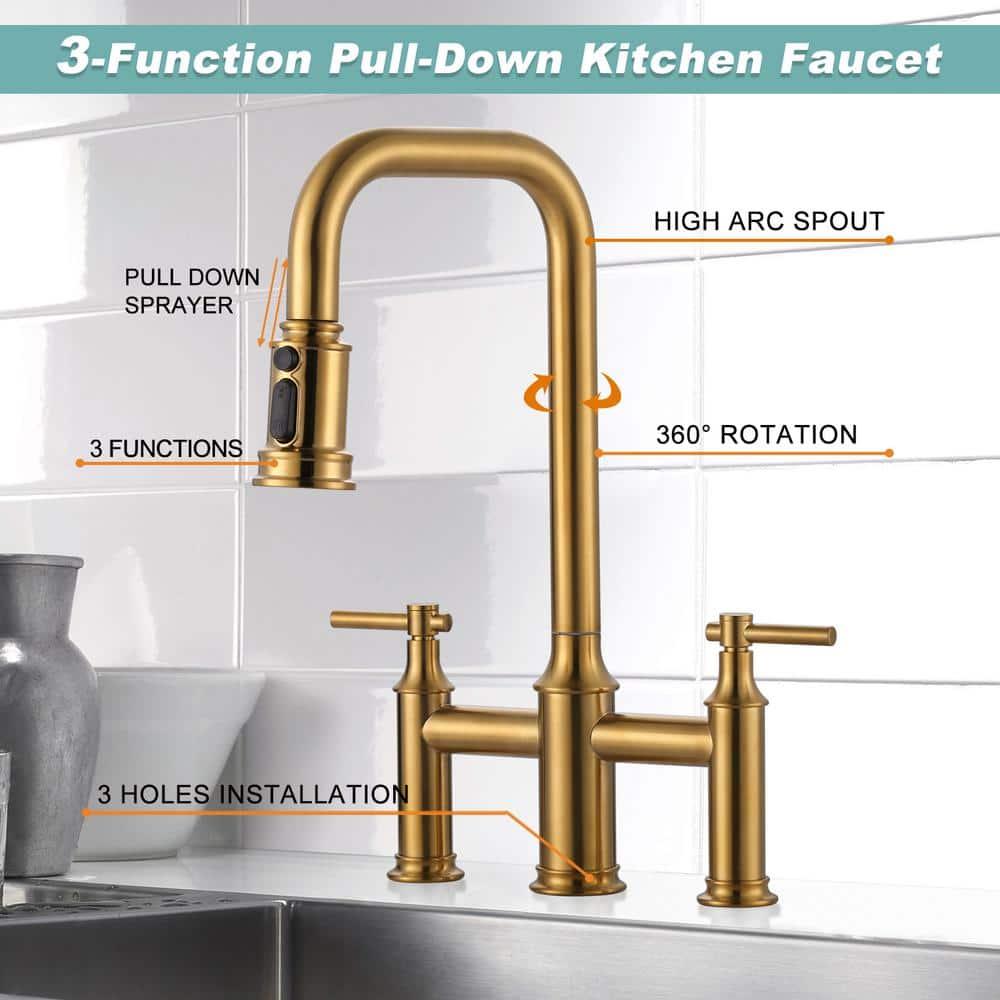 Double Handle Bridge Kitchen Faucet with Advanced Spray in Gold