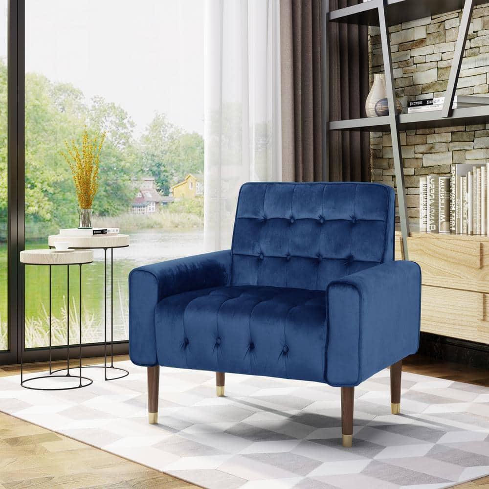 Noble House Nelson Navy Blue and Espresso Brown FabricTufted Club Chair