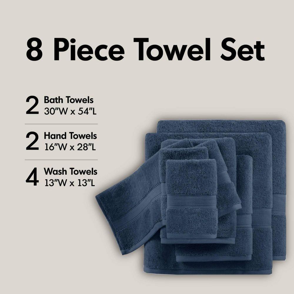 8pc Cotton Bath Towel Set Navy: Madison Park, Heavyweight Terry, OEKO-TEX Certified