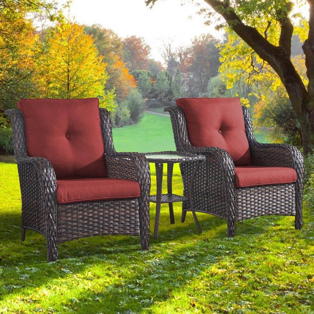Rilyson Patio Furniture Chairs Outdoor Chair - 2 Piece Wicker Rattan Chairs Set with High Back and Deep Seating for Deck Porch Balcony Backyard Garden(Brown/Red)