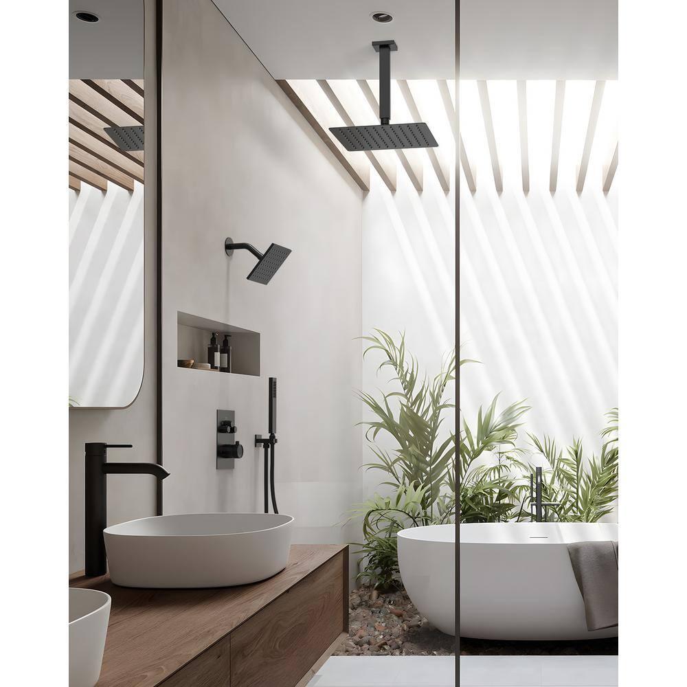 GRANDJOY Dual Wall Mount Rainfall Shower Head System Luxury Adjustable 12 inch & 6 inch Shower Faucet Set with Handheld Shower Spray Thermostatic Pressure Balance Value, Matte Black