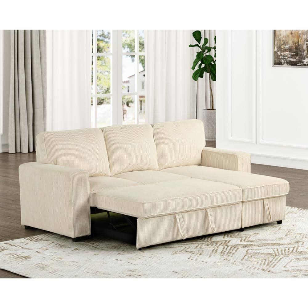HOMES: Inside + Out Paeke Sleeper Sectional Sofa Corduroy with Storage Chaise and Reversible Beige