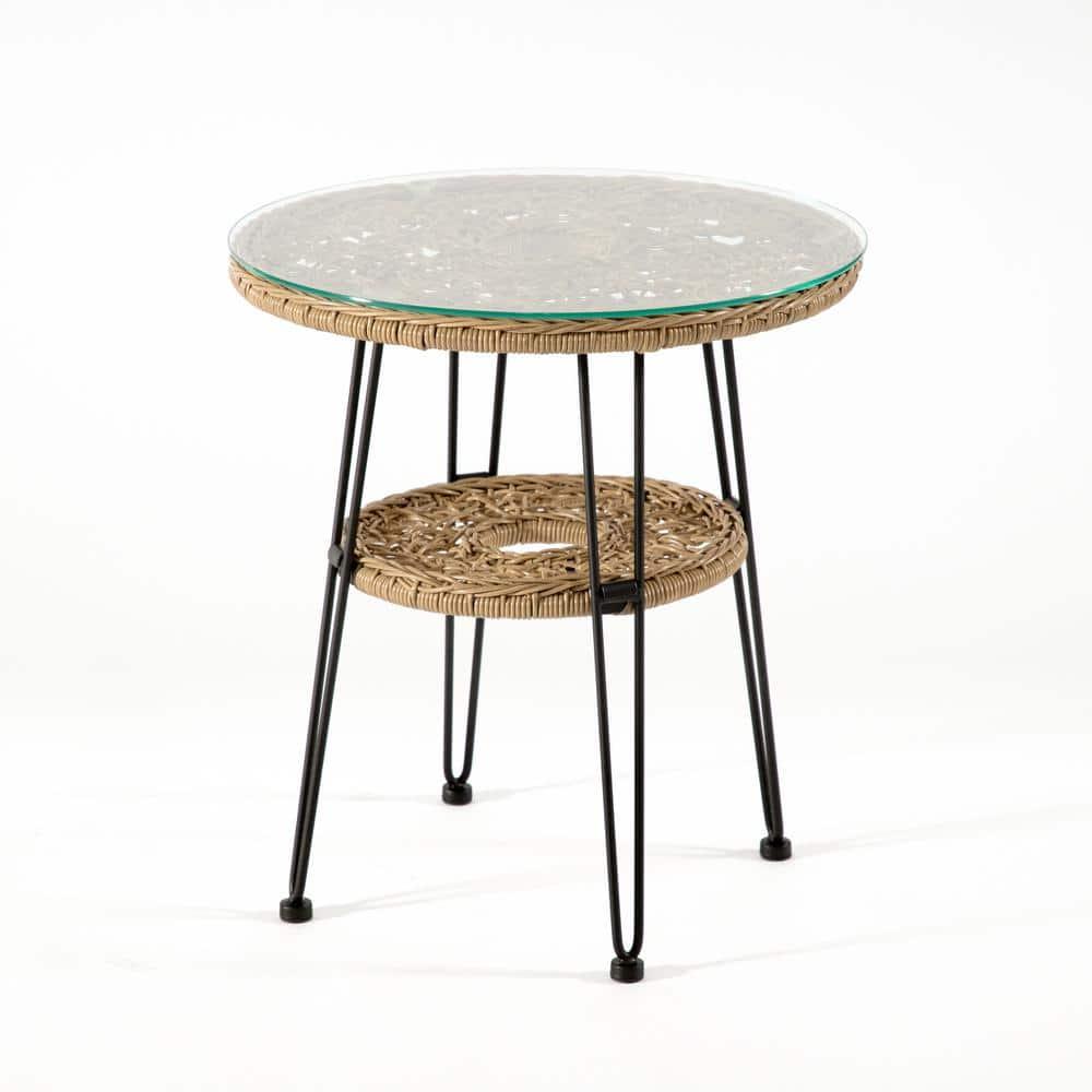 Furniture of America Noma Round 1-Shelf Metal and Rattan Natural Coffee Table with Glass Top