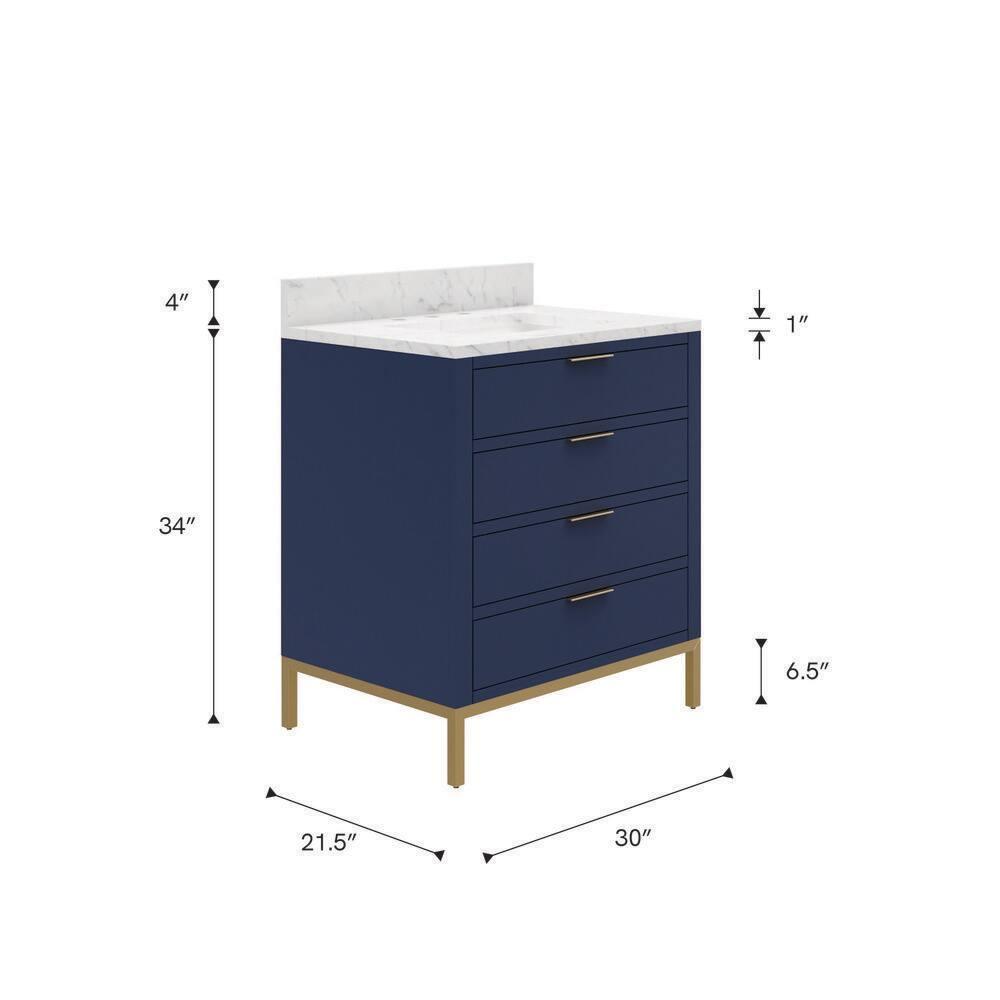 Bristol 30 in. W x 21.5 in. D Vanity in Monarch Blue with Marble Top in White with White Basin