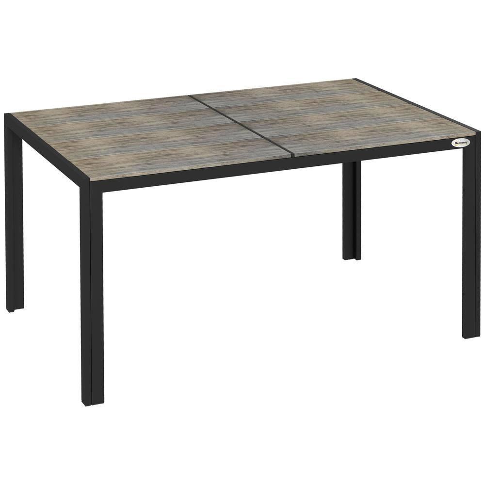 Outsunny Outdoor Dining Table for 6 People, Aluminum Rectangular Patio Table with Faux Wood Tabletop for Backyard, Lawn, 55" x 35.5", Gray