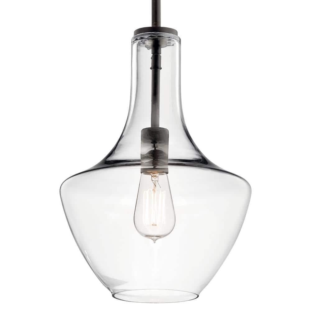 KICHLER Everly 15.25 in. 1-Light Olde Bronze Transitional Shaded Kitchen Bell Pendant Hanging Light with Clear Glass