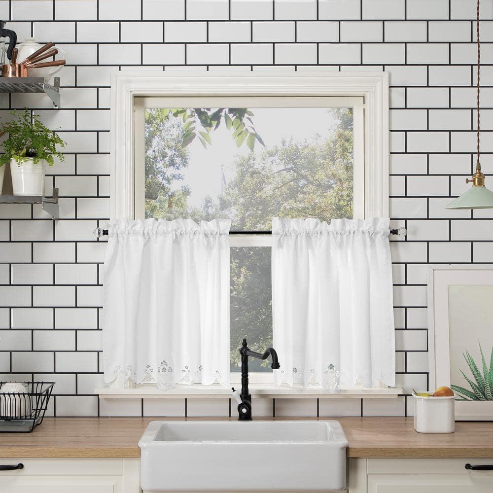 14"x58" Mariela Floral Trim Semi-Sheer Rod Pocket Kitchen Window Valance and Tiers Set White - No. 918: Light Filtering Kitchen Curtains Set