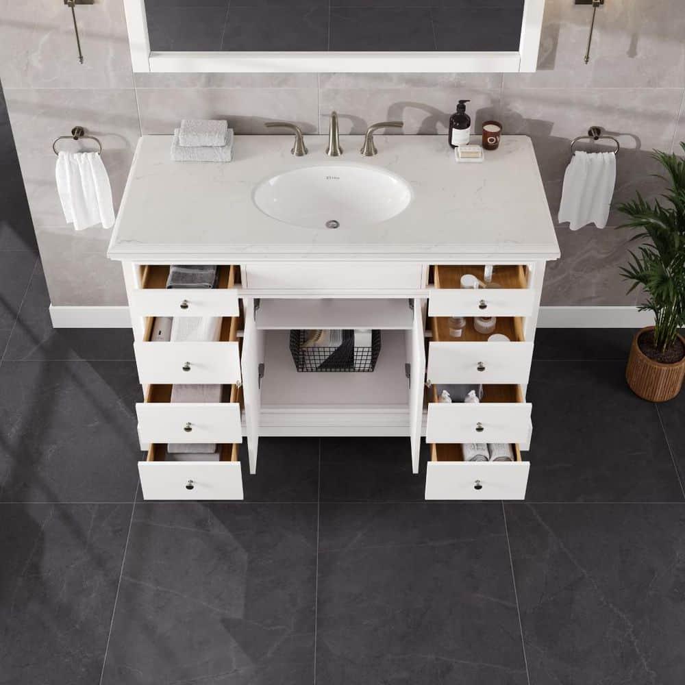 Eviva Elite Stamford . White Single Sink Bath Vanity With Carrara Quartz Top And Undermount Porcelain Sink