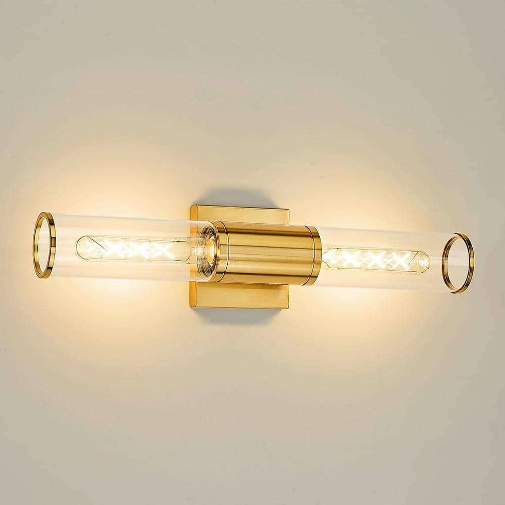 Progress Lighting Clarion 2-Light Brushed Nickel Glass Modern Bath Vanity Light, Satin Brass, Cylindrical Shade