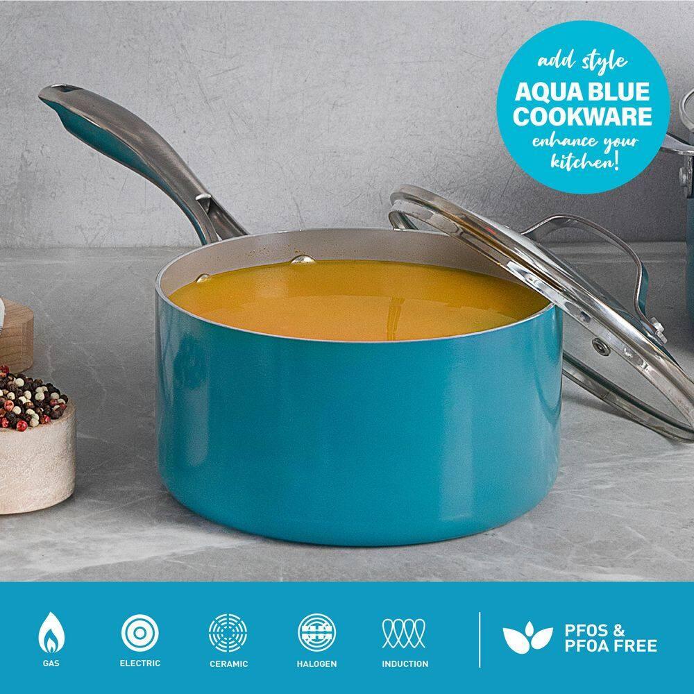 Gotham Steel Aqua Blue 3 QT Nonstick Sauce Pan with Glass Lid