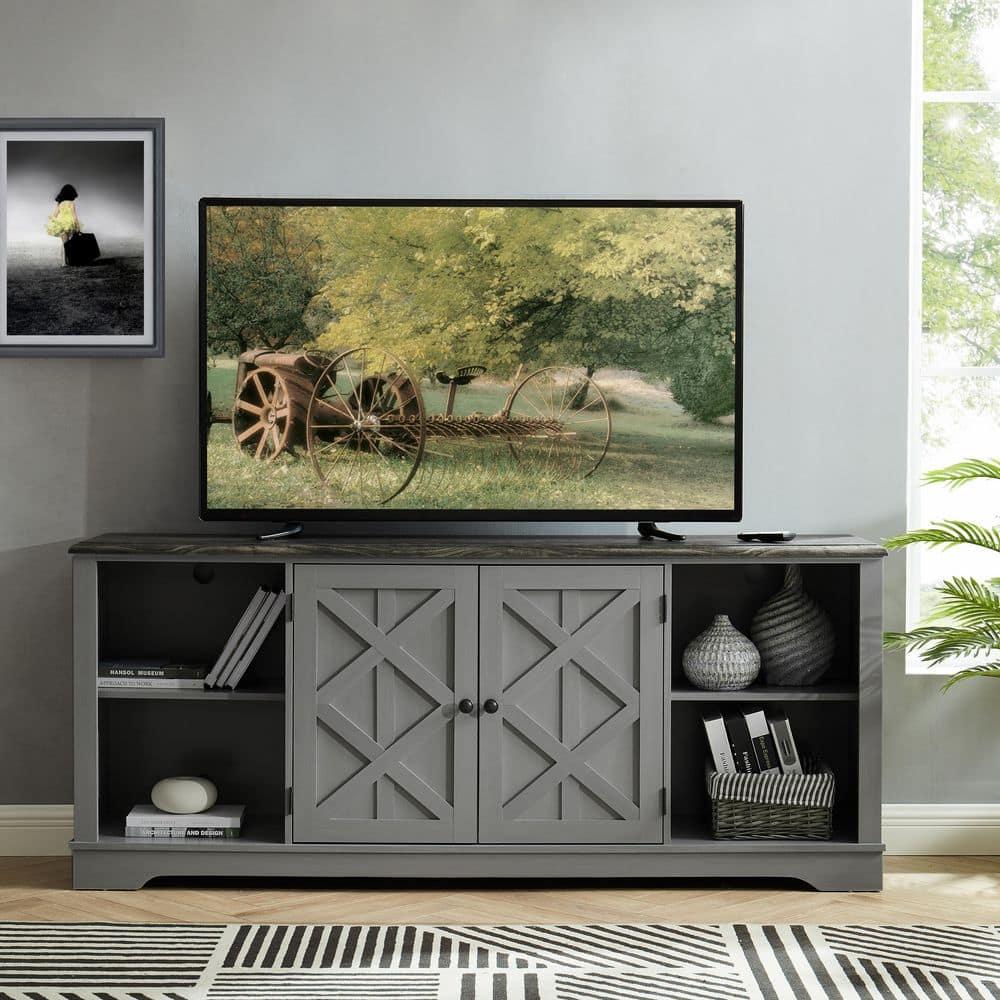 TV Stand for TVs up to 78" Gray - Home Essentials: Swing Doors, Open Shelf, Cable Management