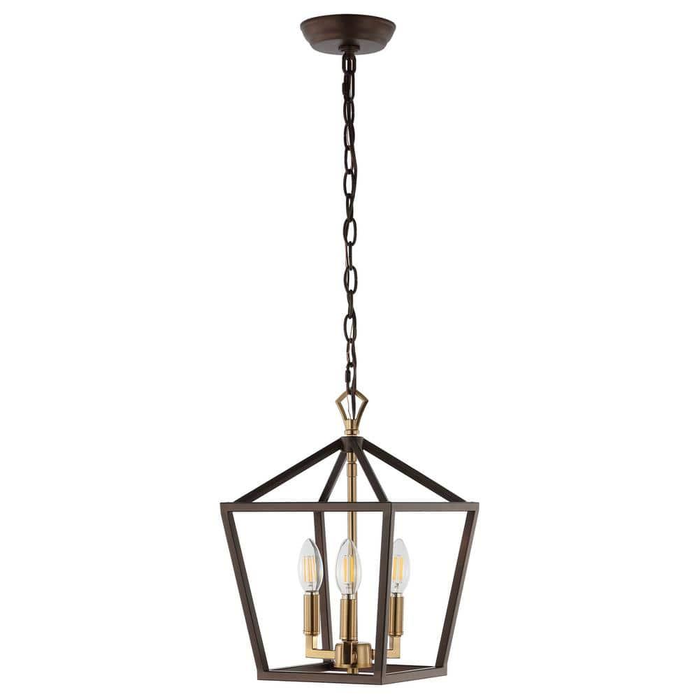 Ojai 10" 3-Light Iron Classic Modern Lantern LED Pendant, Oil Rubbed Bronze/Brass Gold