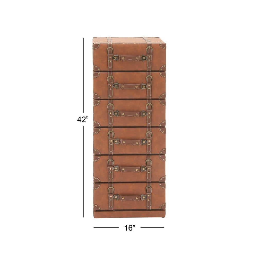 DecMode 16" x 42" Brown Wood Faux Leather 6 Drawers Chest with Buckle and Strap Detailing, 1-Piece
