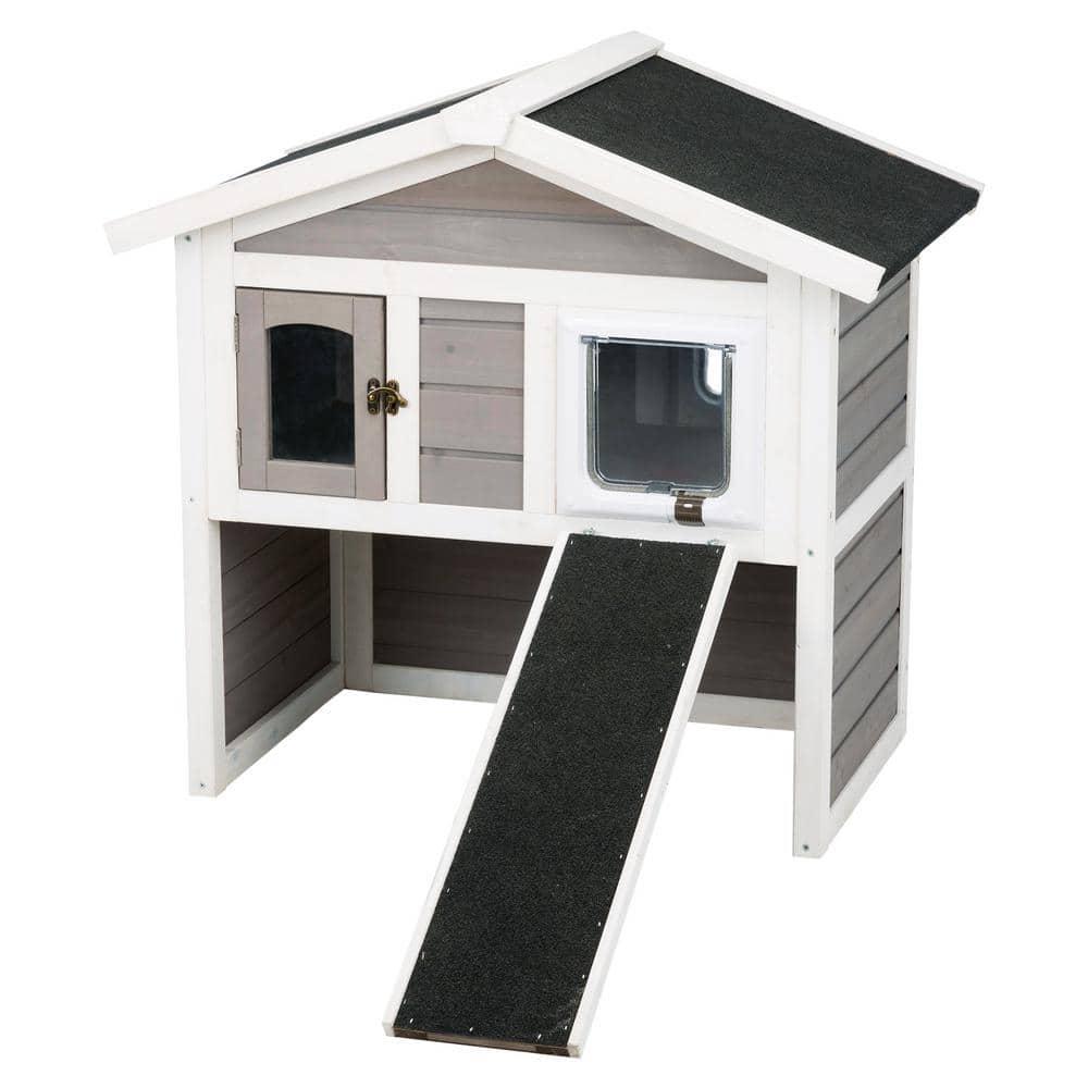 Gray and White 2-Story Insulated Outdoor Cat House with Ramp