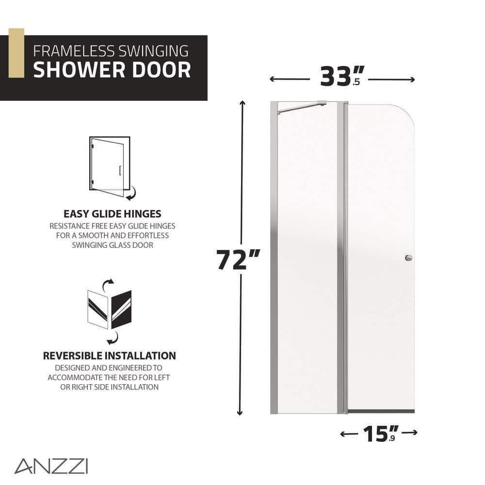 Anzzi 33.3” W x 72” H Frameless Shower Door