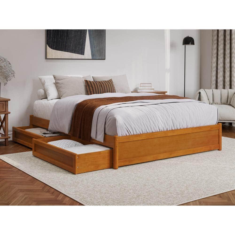Barcelona Queen Wood Panel Platform Bed with Storage Drawers in Light Toffee