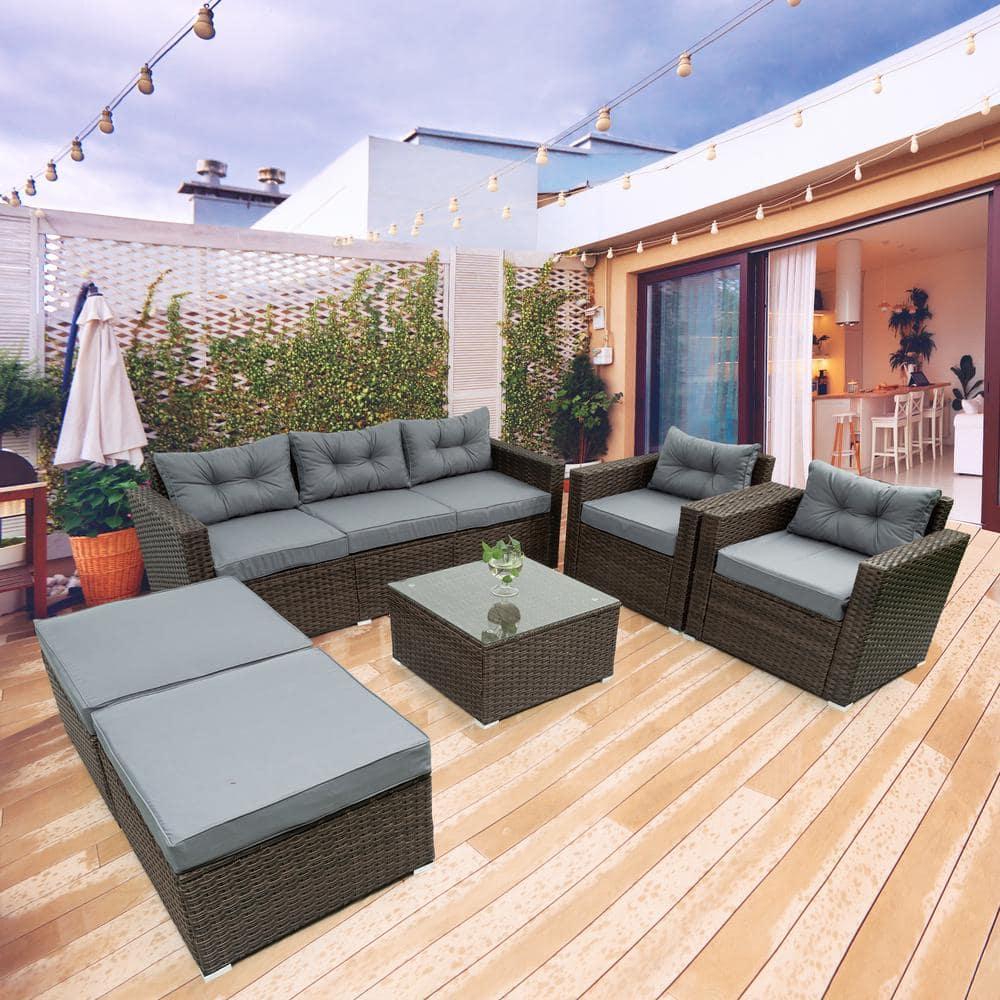 6-Piece Gray Cushioned Rattan Wicker Outdoor Sofa Set