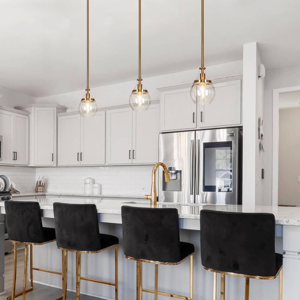 LNC Capensis 1-Light Matte Black and Polished Gold Clear Glass Globe LED Mini Indoor Kitchen Island Light: UL Listed, Adjustable Height