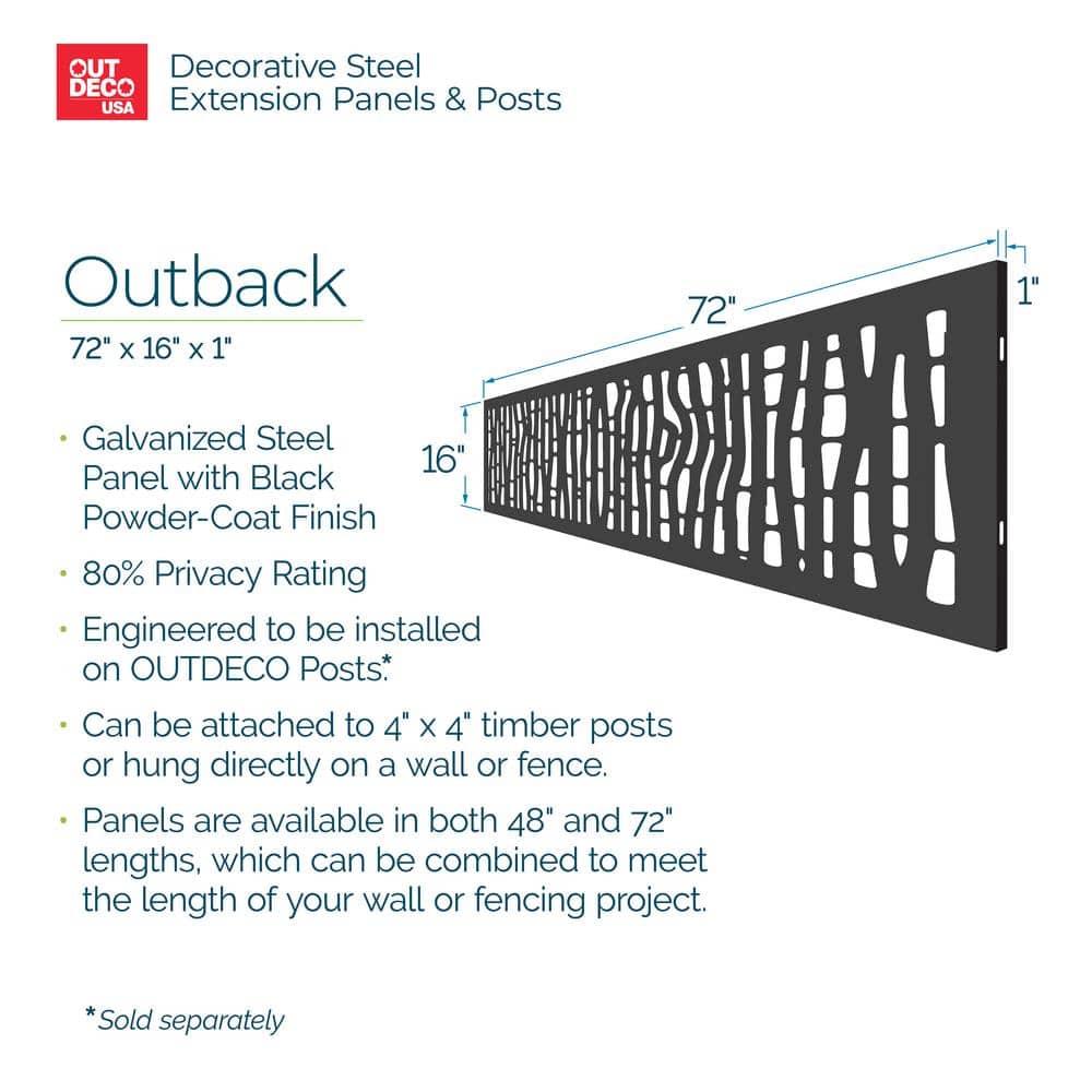 OUTDECO 16"x72" Outback Galvanized Steel Wall and Fence Extension Privacy Panel, Black