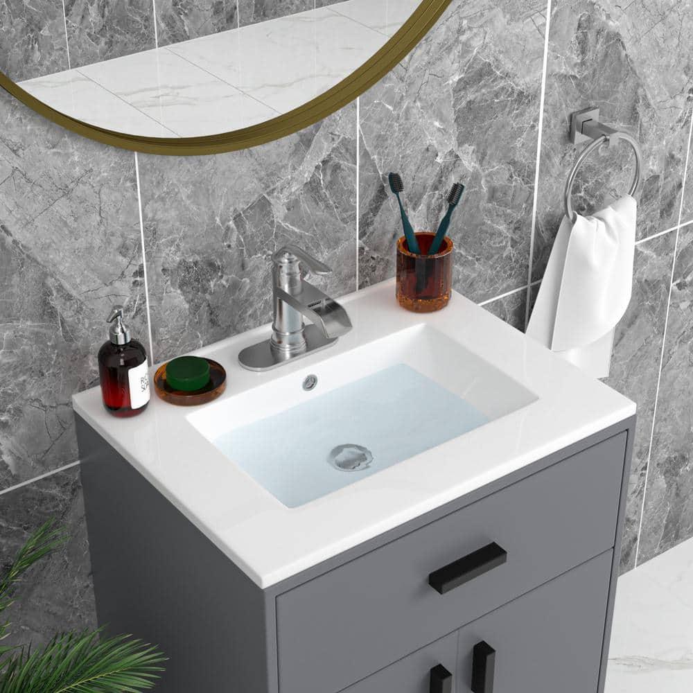 Sarlai 24 Inch Bathroom Vanity Sink Tops - White Drop In Bathroom Sink Ceramic Topmount Rectangular Vanity Top with Overflow