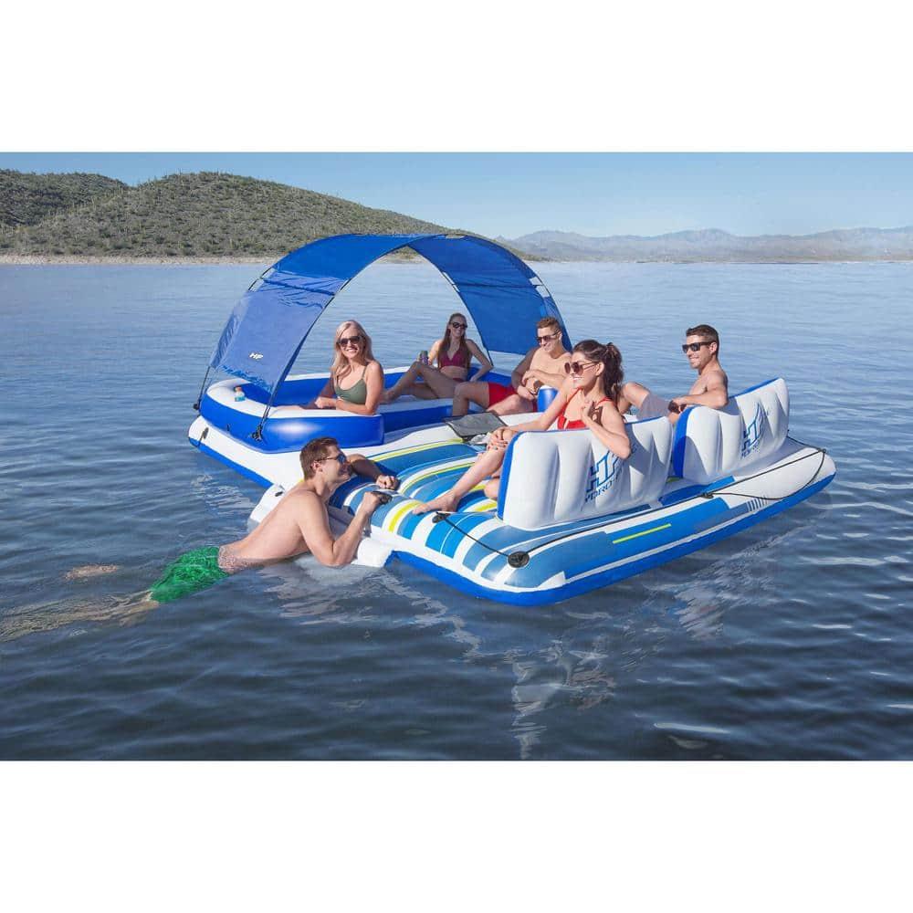 Bestway Hydro-Force Tropical Breeze 6 Person Inflatable Floating Party Island, Water Float Lounger with 6 Cup Holders, Backrests, and Sun Shade