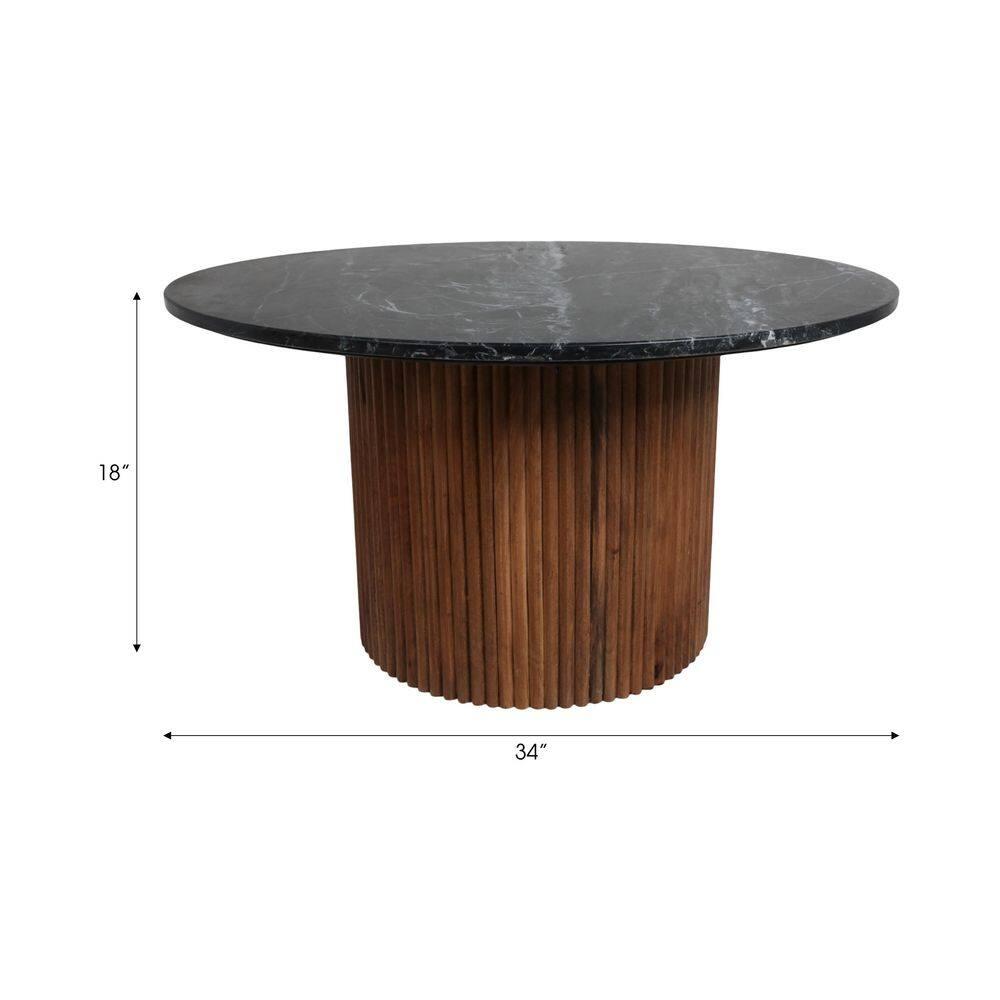 Sagebrook Home 18" Mango Wood and Marble Round Reeded Coffee Table Brown/Black: Elegant Pedestal Base, No Assembly Required
