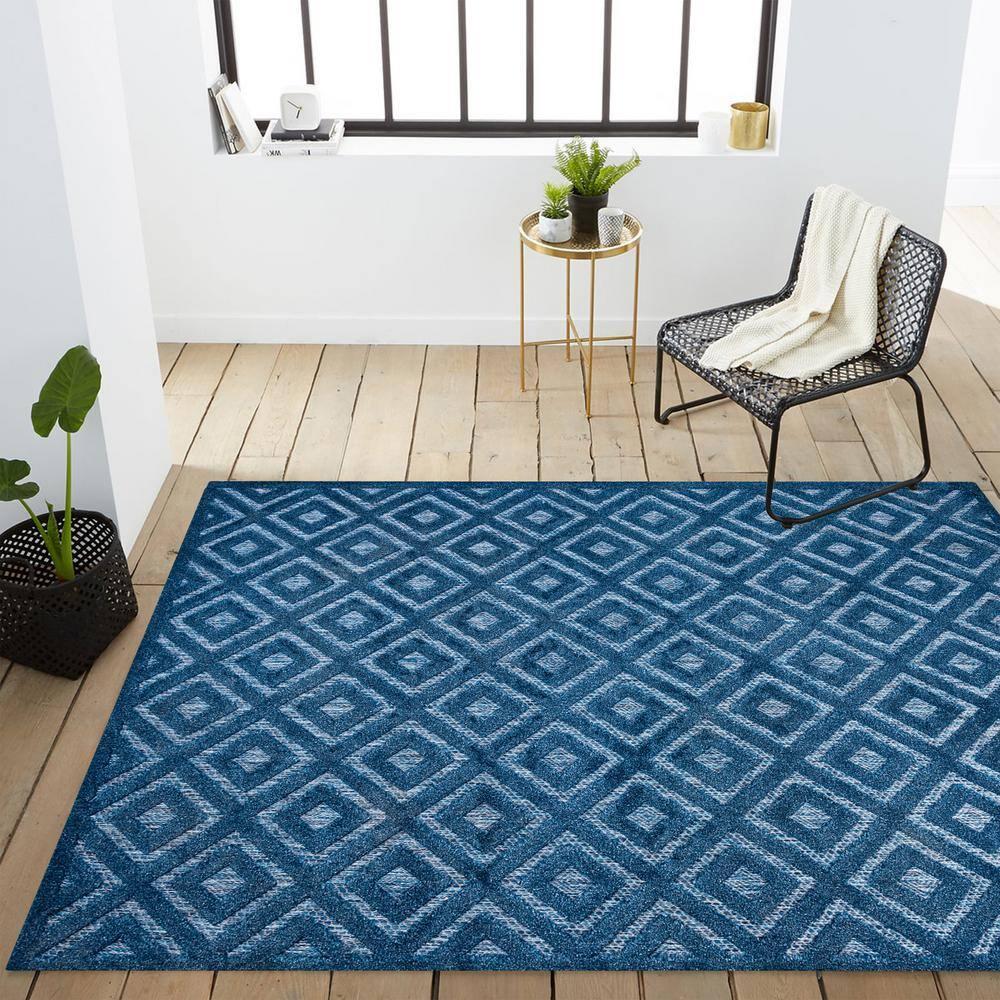 5'x8' Portmany Neutral Diamond Trellis Indoor/Outdoor Area Rug, Navy - JONATHAN Y