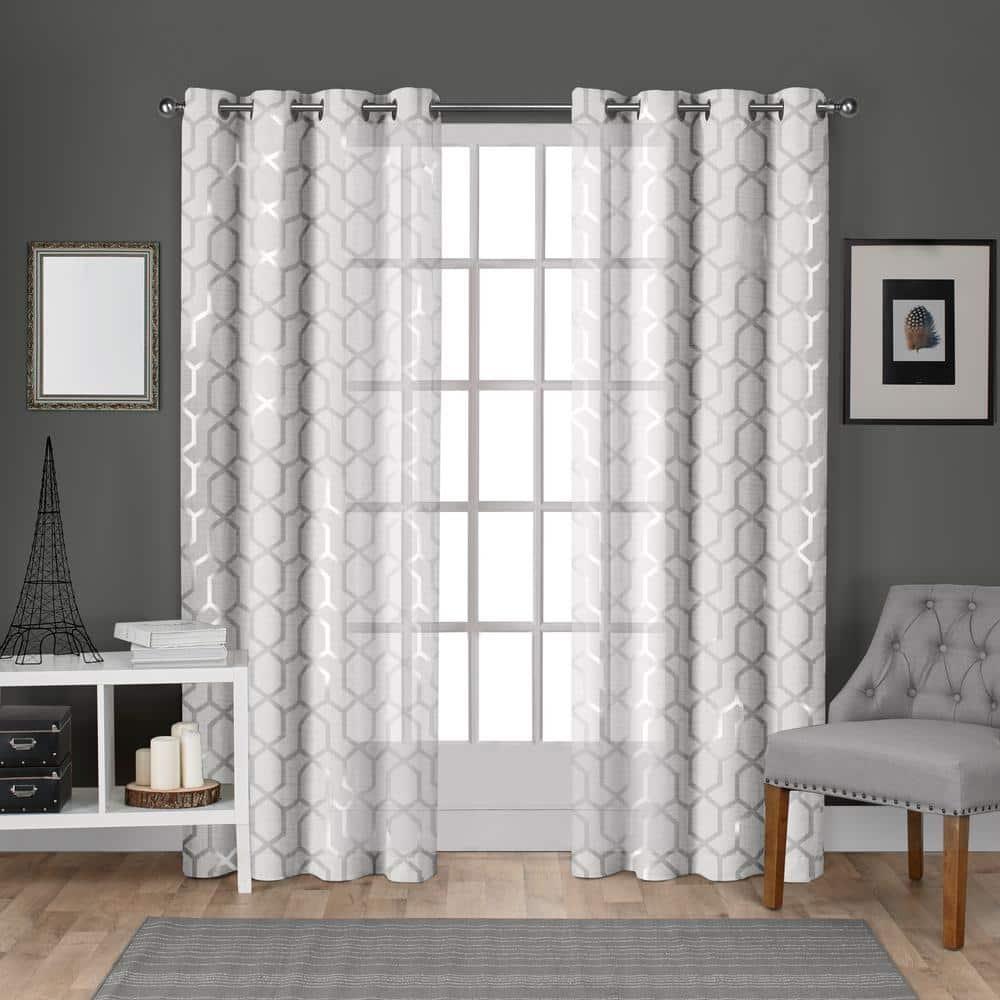 Set of 2 84"x54" Panza Sheer Linen Printed Metallic Geometric Grommet Top Window Curtain Panel - White Silver - Exclusive Home