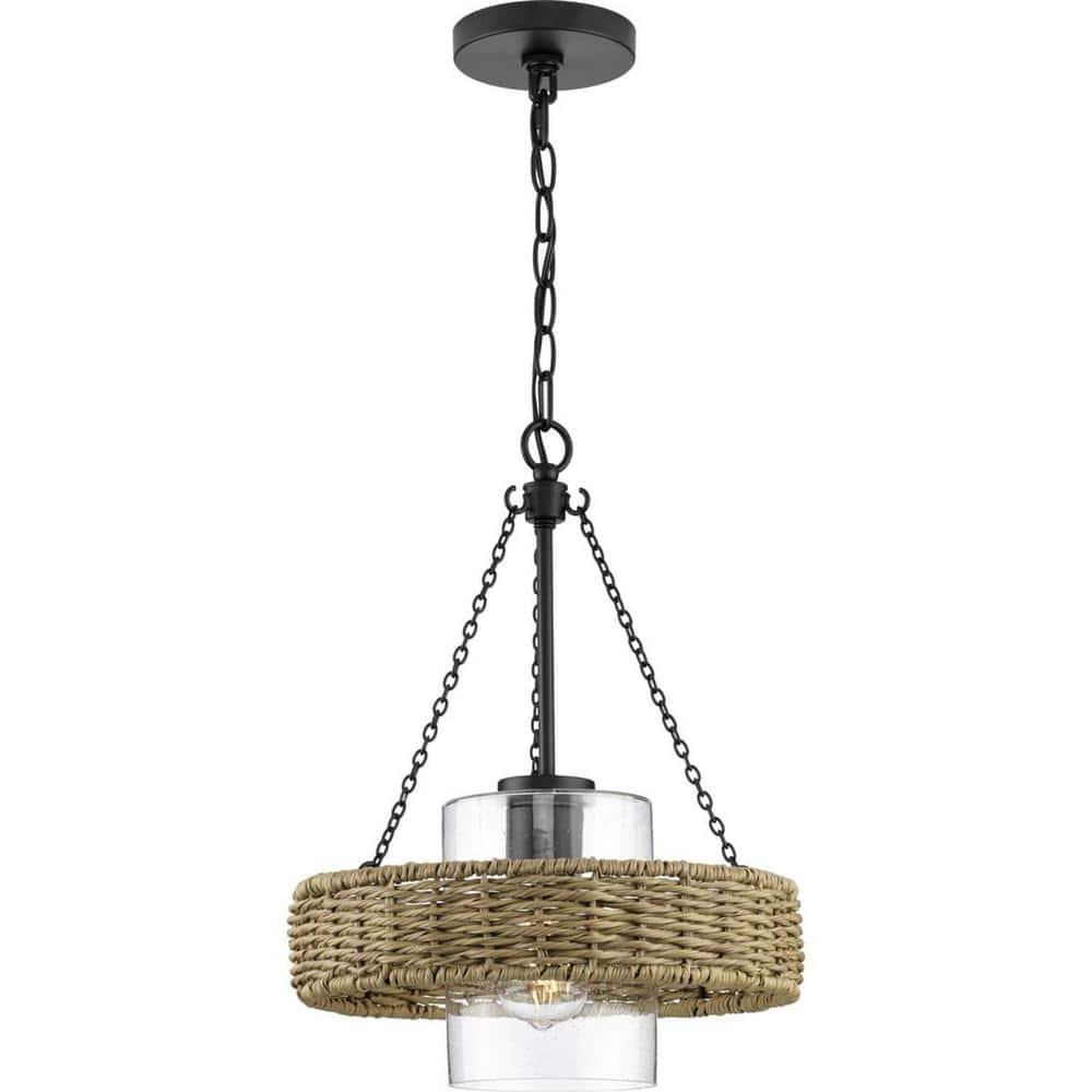 Progress Lighting Pembroke 1-Light Outdoor Wall Light, Matte Black, Rattan and Seeded Glass Shade